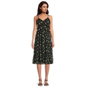 No Boundaries (Juniors L 11-13) Black Ditsy Floral Ruffle Midi Slip Sundress